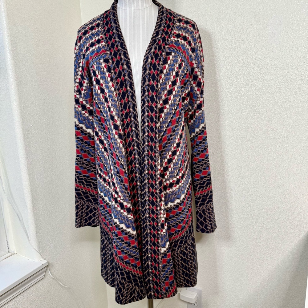 NIC + ZOE Geometric Open Front Cardigan Sweater Red Blue Diamond Knit Duster Med